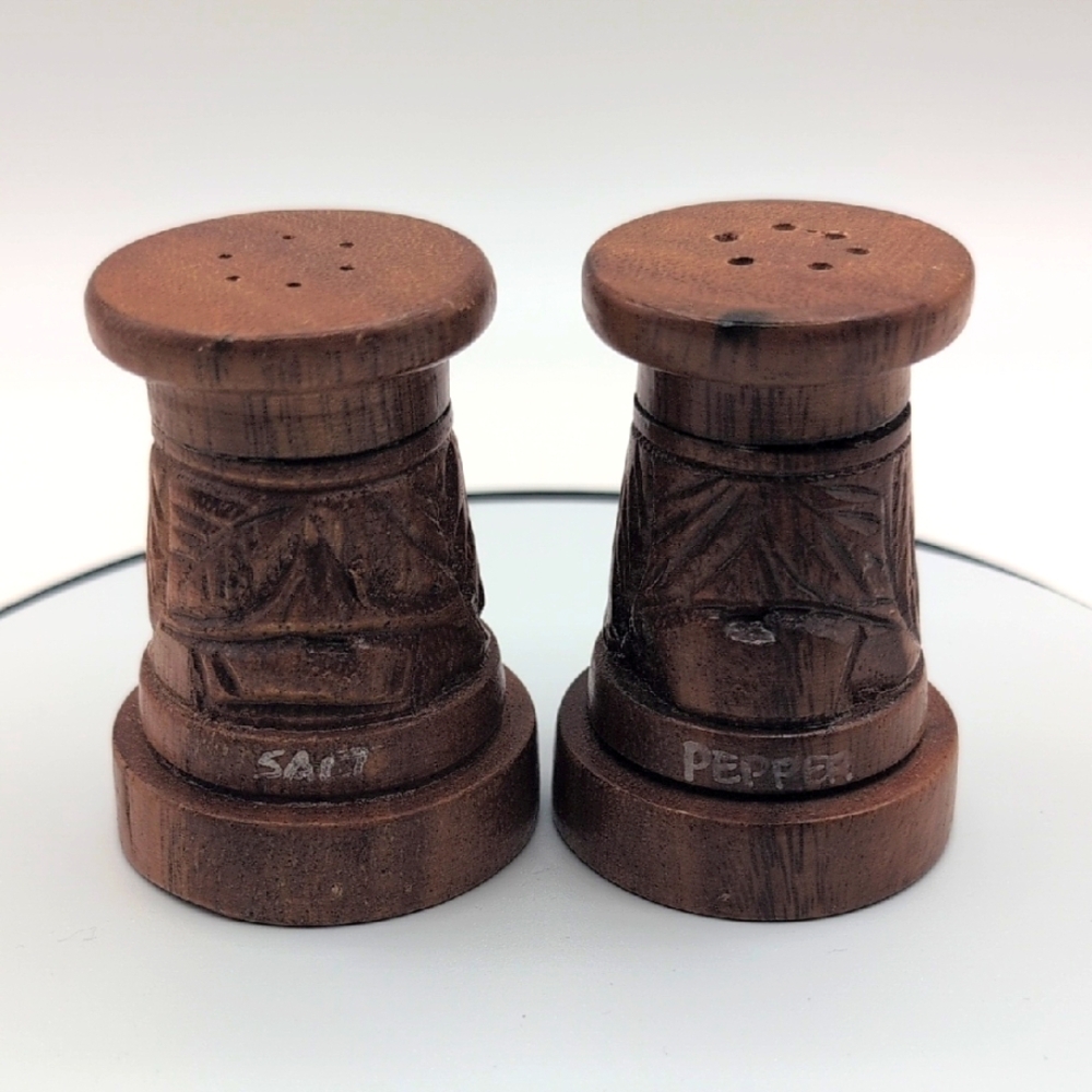 Vintage 70s Wooden Hand Carved Salt and Pepper Shaker Set